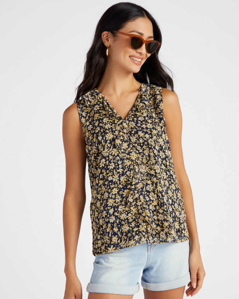 V-Neck Ruffle Front Floral Blouse