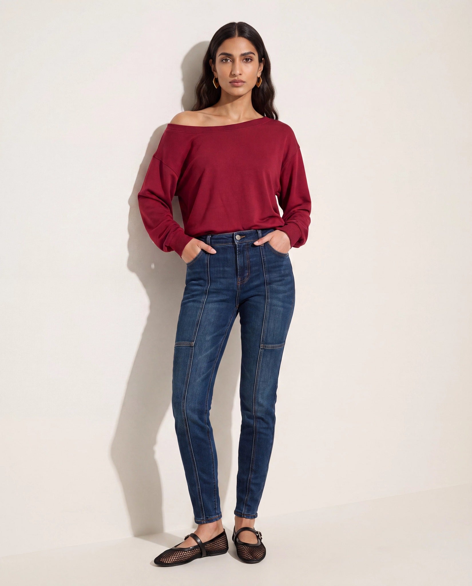 Cabernet $|& SEAS Brooksville One Shoulder Sweatshirt - SOF Full Front