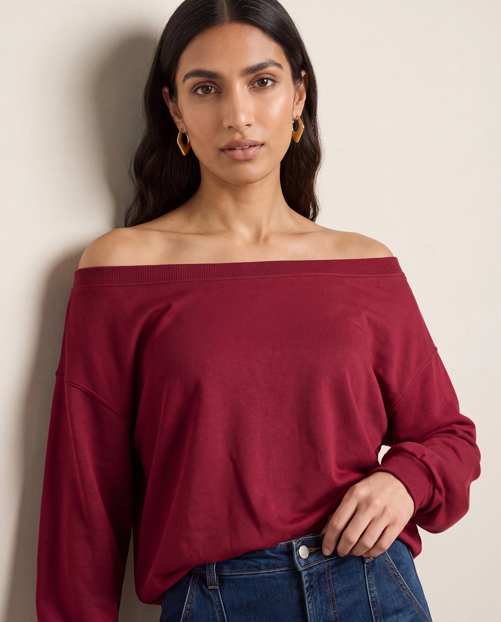Cabernet $|& SEAS Brooksville One Shoulder Sweatshirt - SOF Full Front