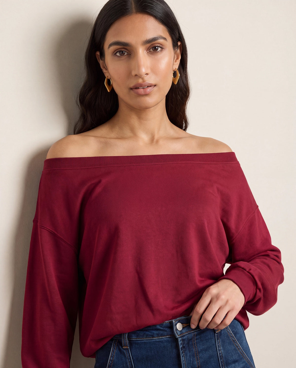 Cabernet $|& SEAS Brooksville One Shoulder Sweatshirt - SOF Back