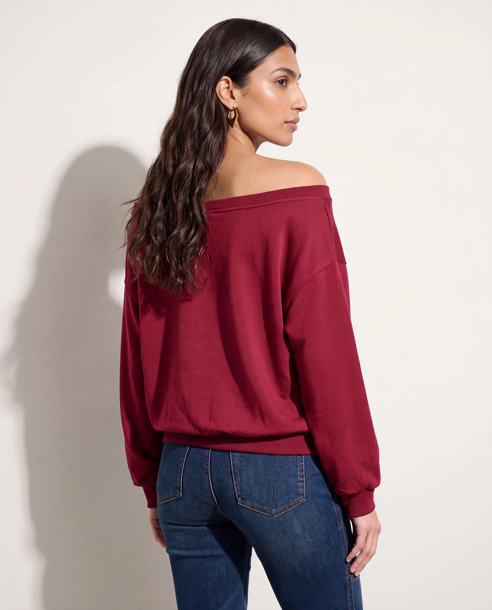 Cabernet $|& SEAS Brooksville One Shoulder Sweatshirt - SOF Back