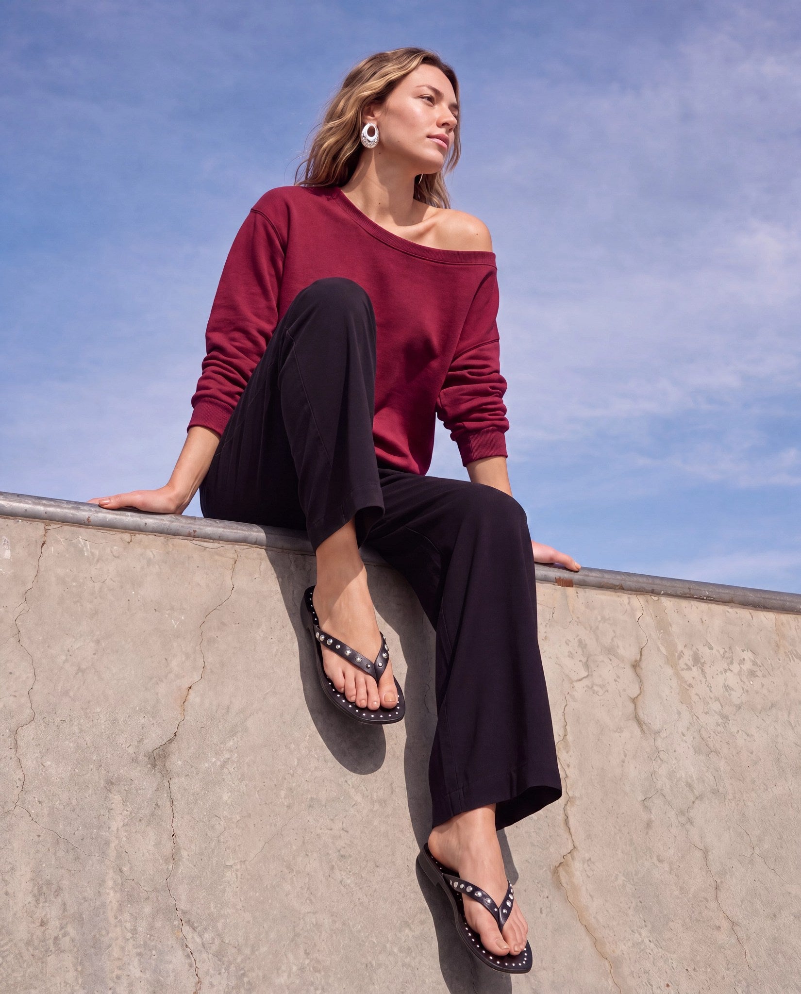 Cabernet $|& SEAS Brooksville One Shoulder Sweatshirt - SOF Front