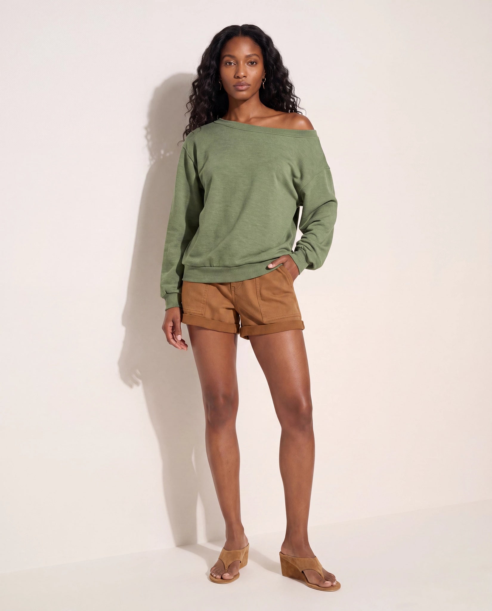 Light Olive $|& SEAS Brooksville One Shoulder Sweatshirt - UGC On Fig