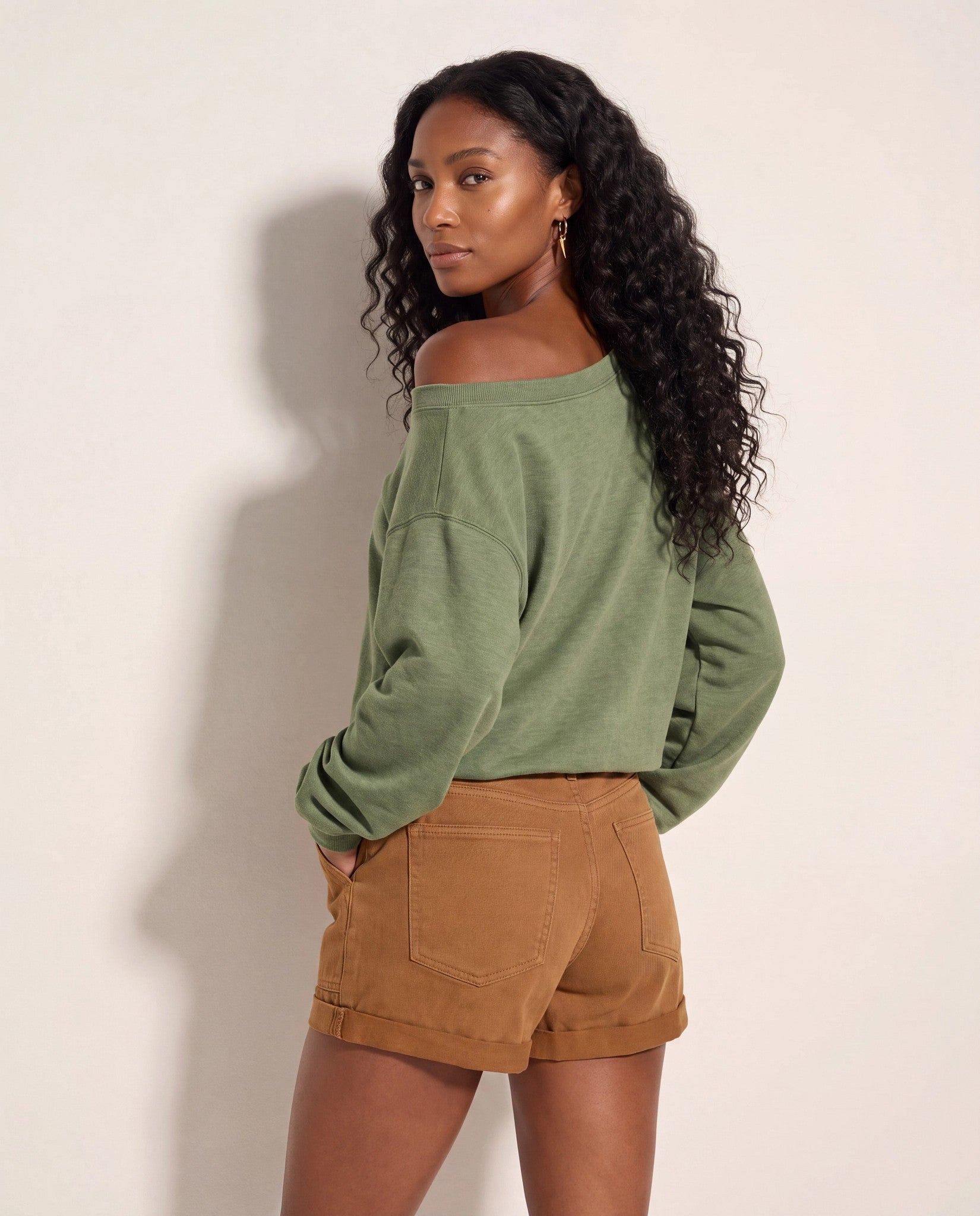 Light Olive $|& SEAS Brooksville One Shoulder Sweatshirt - SOF Back