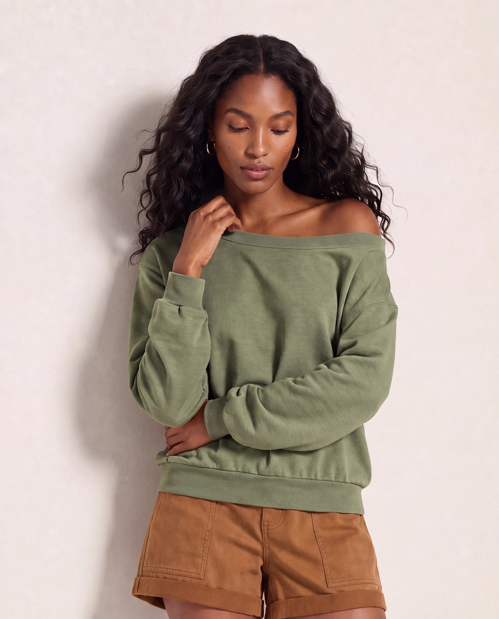 Light Olive $|& SEAS Brooksville One Shoulder Sweatshirt - SOF Front
