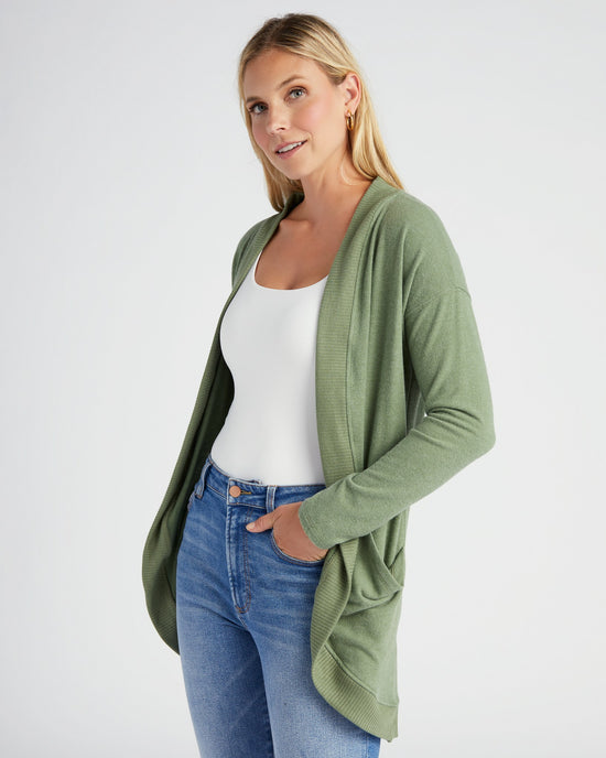 Heather Olive $|& 78 & Sunny Solid Hacci Cocoon Cardigan - SOF Front