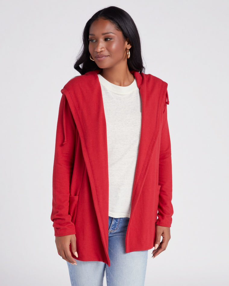 Chili Pepper Red $|& 78 & Sunny Laguna Solid Hacci Hooded Cardigan - SOF Front