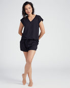 Black $|& Bobeau French Terry V-Neck and Short Set - SOF Front