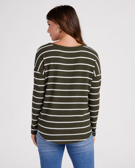 Olive/White $|& Natural Life Striped Brushed Intermingle Hacci Long Sleeve Top - SOF Back