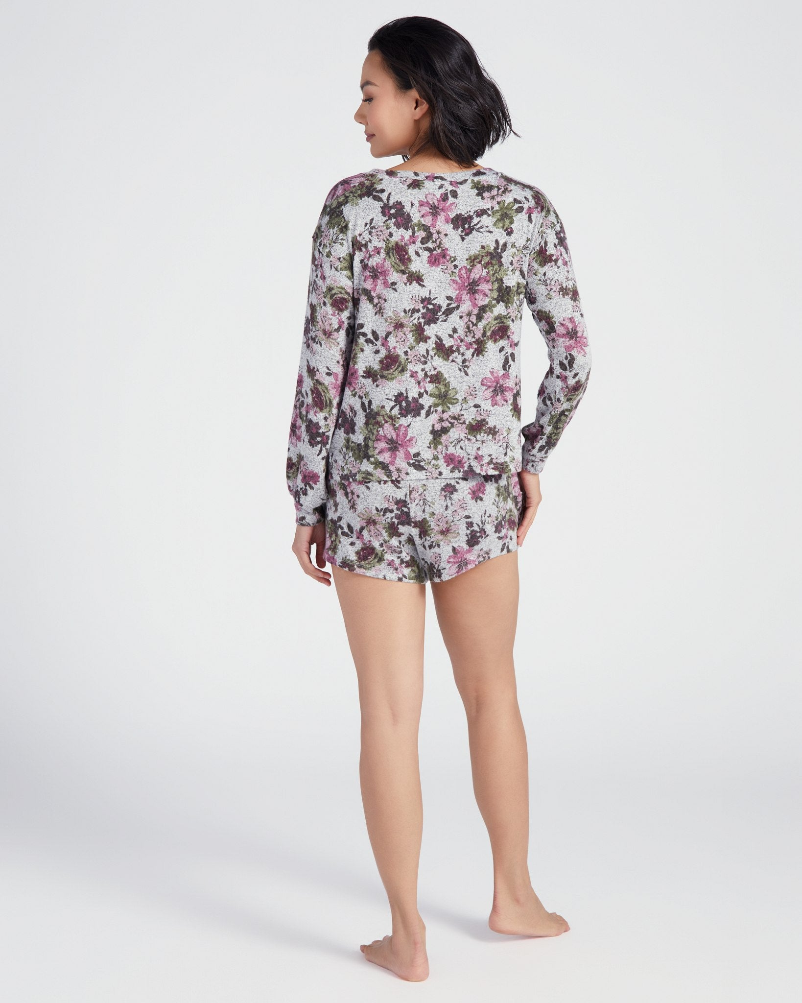 Grey/Mauve Floral $|& Bobeau Brushed Sweater Long Sleeve & Short Set - SOF Back