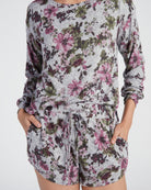 Grey/Mauve Floral $|& Bobeau Brushed Sweater Long Sleeve & Short Set - SOF Detail