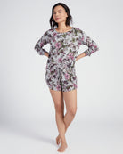 Grey/Mauve Floral $|& Bobeau Brushed Sweater Long Sleeve & Short Set - SOF Front