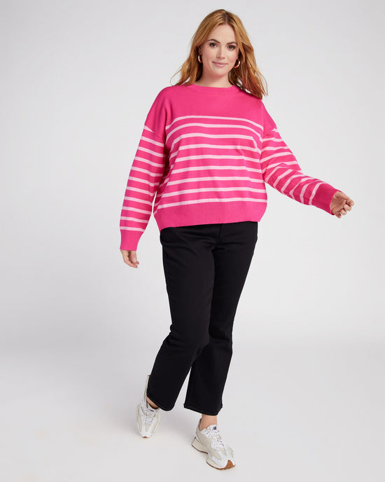 Fuchsia $|& Vanilla Bay Stripe Long Sleeve Crew Neck Sweater - SOF Full Front
