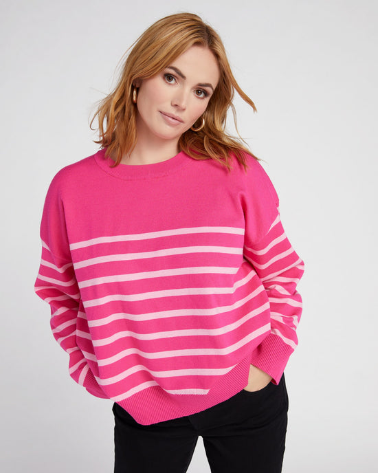 Fuchsia $|& Vanilla Bay Stripe Long Sleeve Crew Neck Sweater - SOF Front