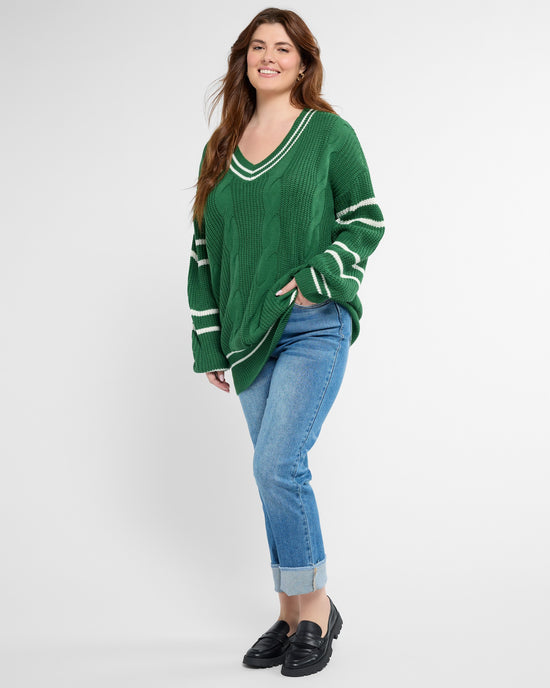 Green $|& Vanilla Bay Solid V-Neck Twisted Embossed Knit Sweater - SOF Full Front