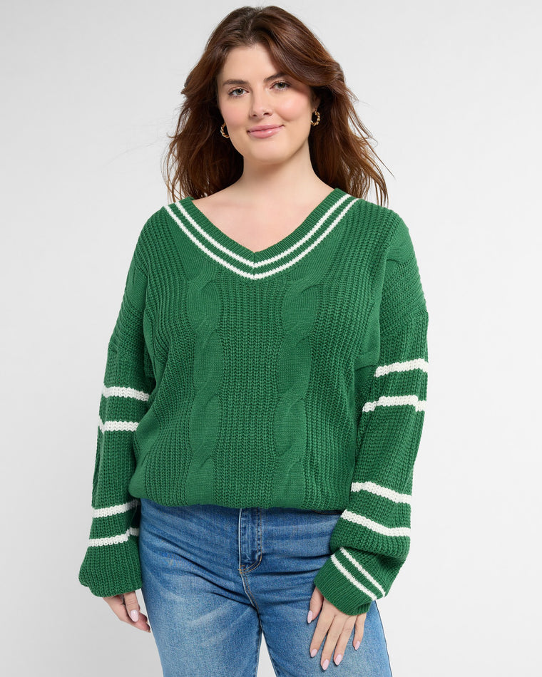 Green $|& Vanilla Bay Solid V-Neck Twisted Embossed Knit Sweater - SOF Front