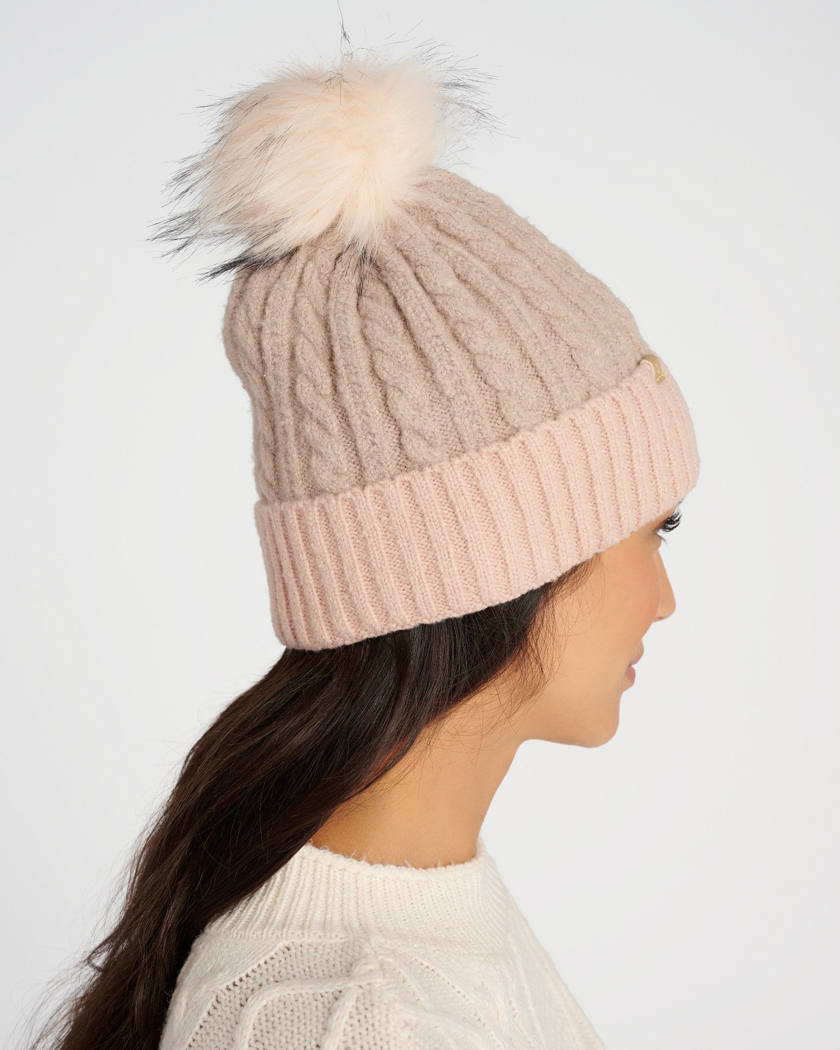Mauve $|& David & Young Cable Knit Beanie with Contrast Cuff and Faux Fur Pom - SOF Back