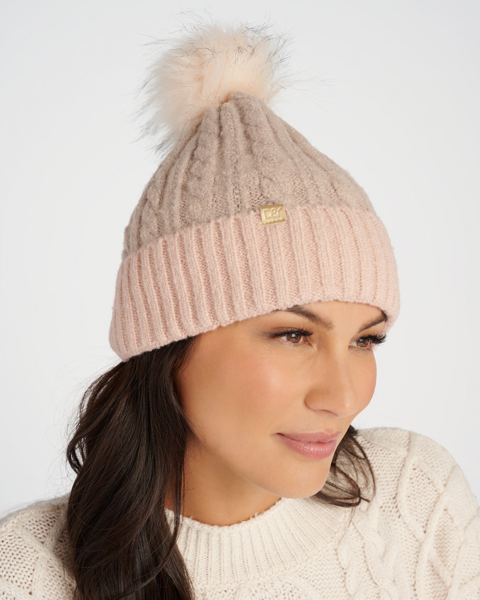 Mauve $|& David & Young Cable Knit Beanie with Contrast Cuff and Faux Fur Pom - SOF Detail