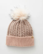 Mauve $|& David & Young Cable Knit Beanie with Contrast Cuff and Faux Fur Pom - Hanger Front