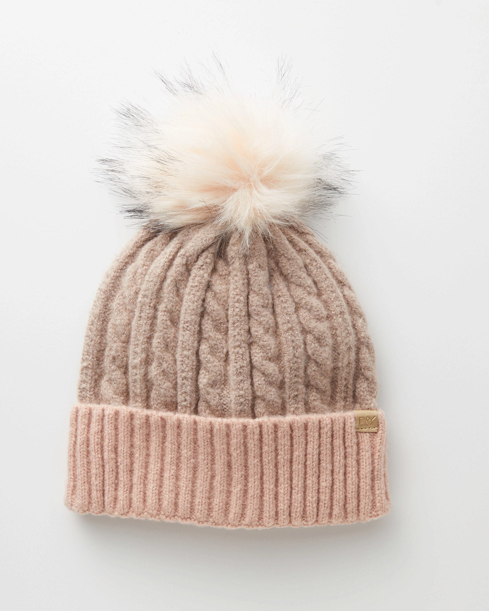 Mauve $|& David & Young Cable Knit Beanie with Contrast Cuff and Faux Fur Pom - Hanger Front