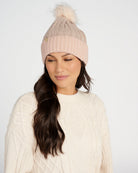 Mauve $|& David & Young Cable Knit Beanie with Contrast Cuff and Faux Fur Pom - SOF Front