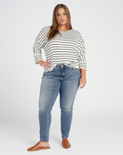 Ivory/Black $|& Bobeau 3/4 Sleeve Striped Butter Knit Dolman Tee - SOF Full Front