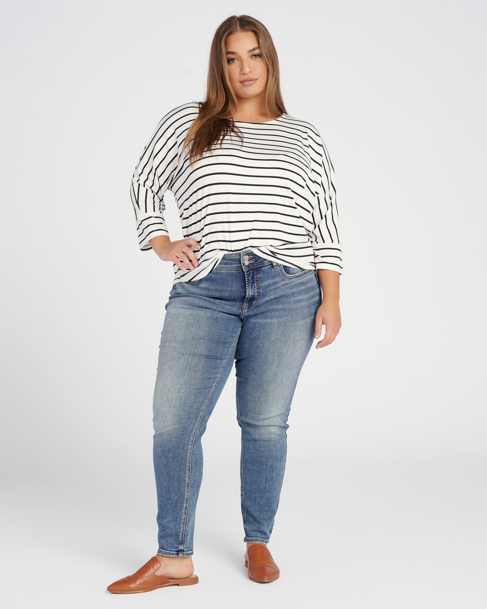 Ivory/Black $|& Bobeau 3/4 Sleeve Striped Butter Knit Dolman Tee - SOF Full Front