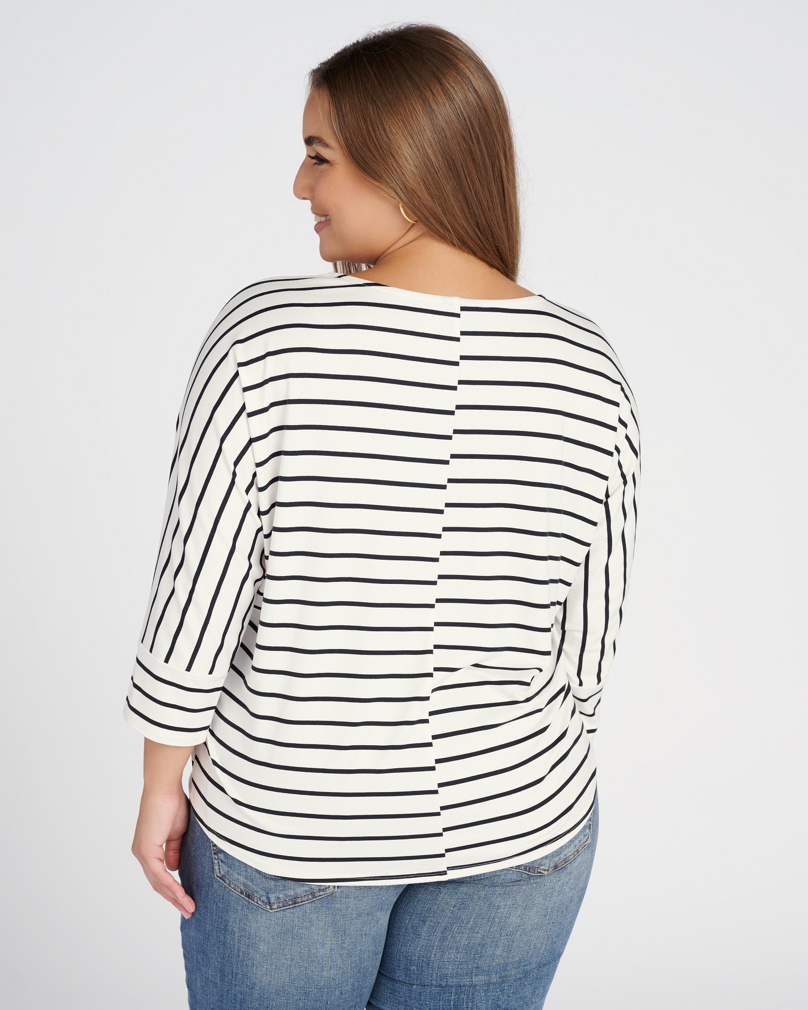 Ivory/Black $|& Bobeau 3/4 Sleeve Striped Butter Knit Dolman Tee - SOF Back