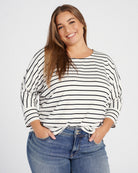 Ivory/Black $|& Bobeau 3/4 Sleeve Striped Butter Knit Dolman Tee - SOF Front