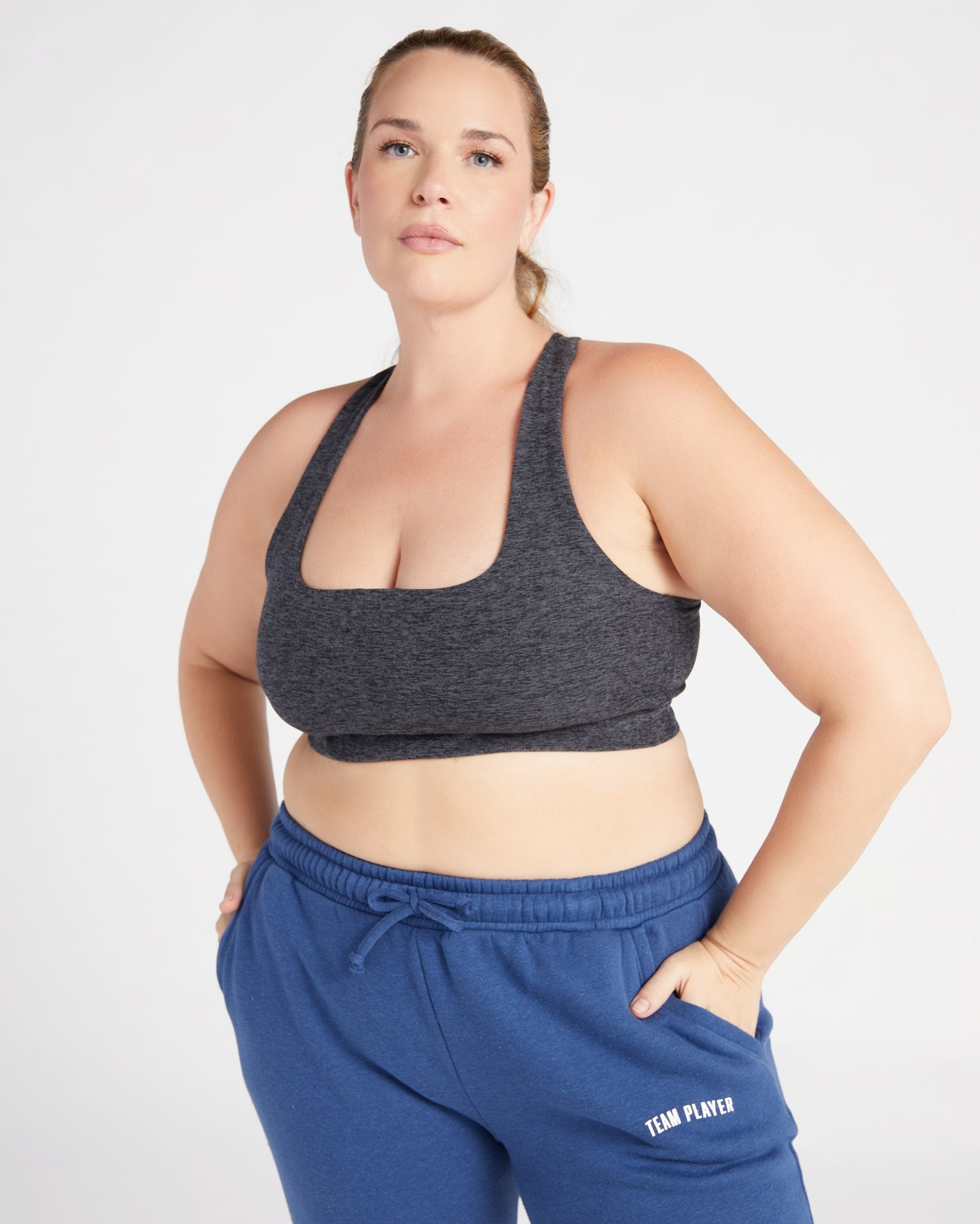 Heather Charcoal $|& Interval Spacedye Square Neck Open Back Bra - SOF Front