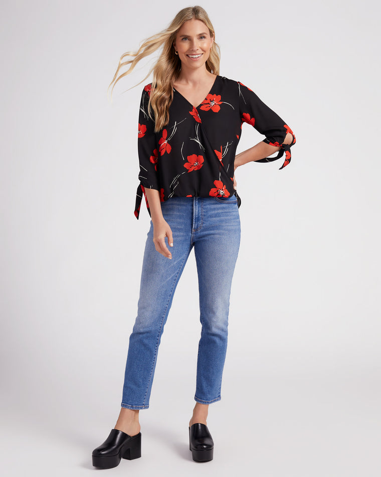 Black/Red $|& West Kei Floral Woven Wrap Blouse with Tie - SOF Full Front