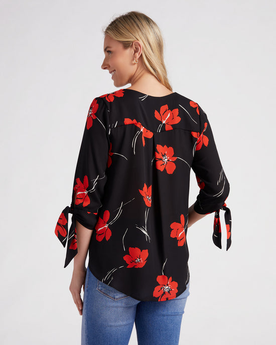 Black/Red $|& West Kei Floral Woven Wrap Blouse with Tie - SOF Back