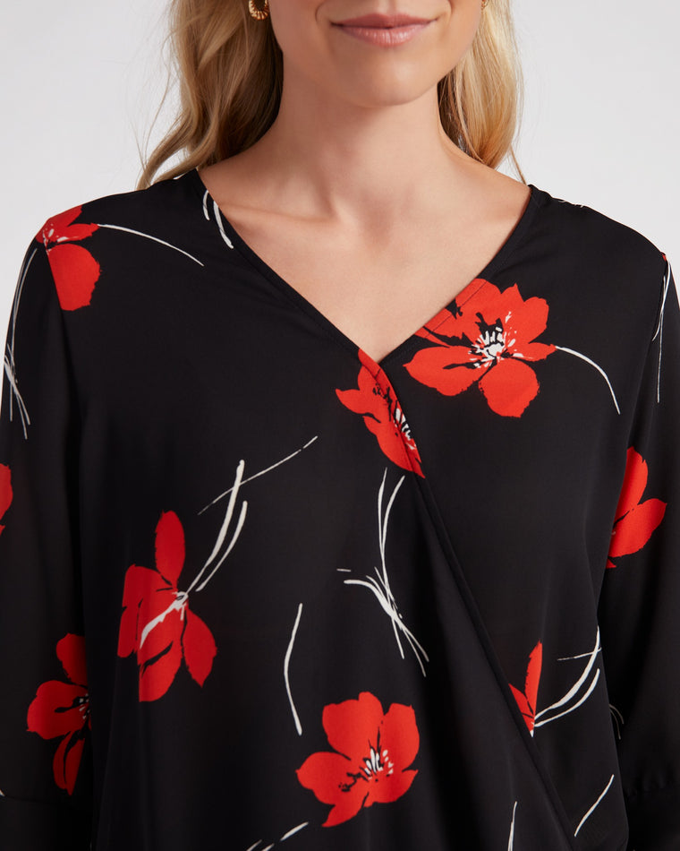 Black/Red $|& West Kei Floral Woven Wrap Blouse with Tie - SOF Detail