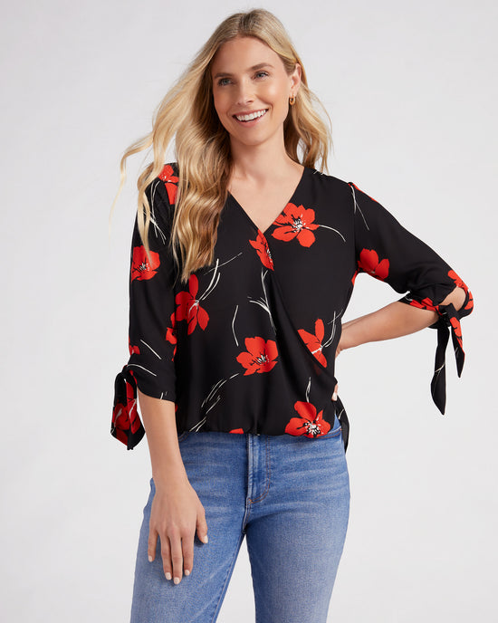 Black/Red $|& West Kei Floral Woven Wrap Blouse with Tie - SOF Front