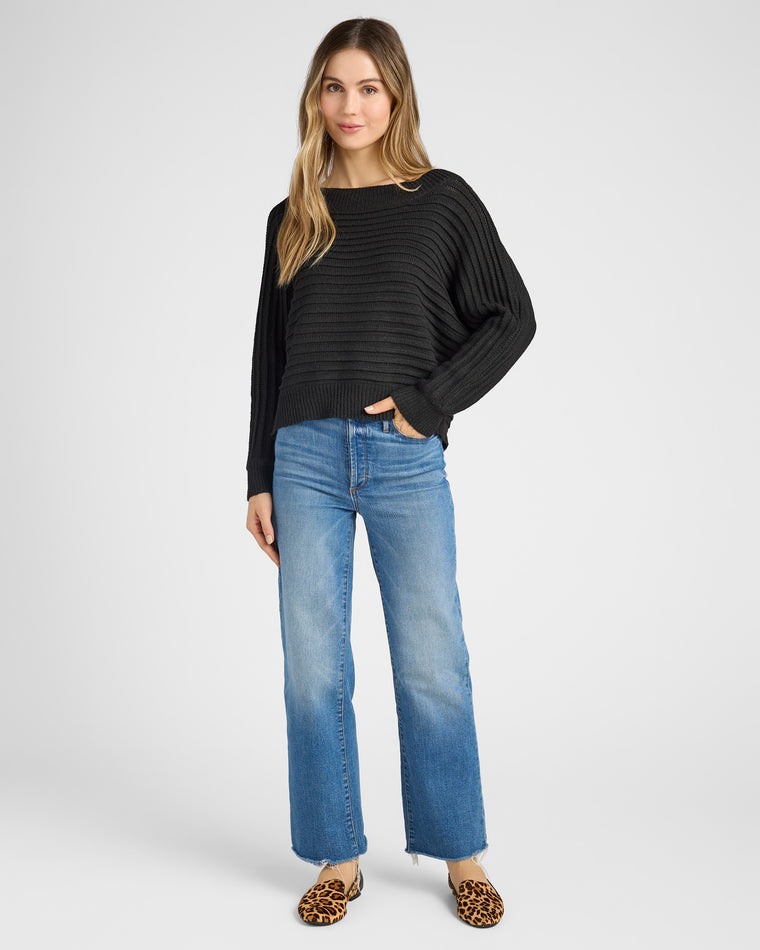 Black $|& Cozy CO Ribbed Off Shoulder Dolman Pullover - SOF Full Front