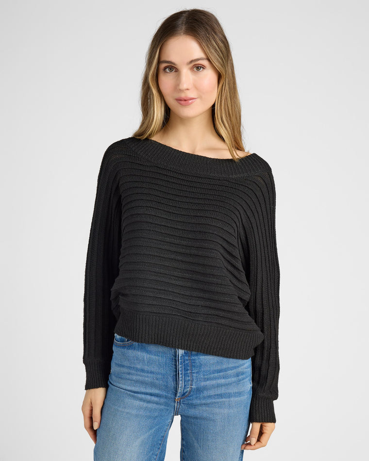 Black $|& Cozy CO Ribbed Off Shoulder Dolman Pullover - SOF Front