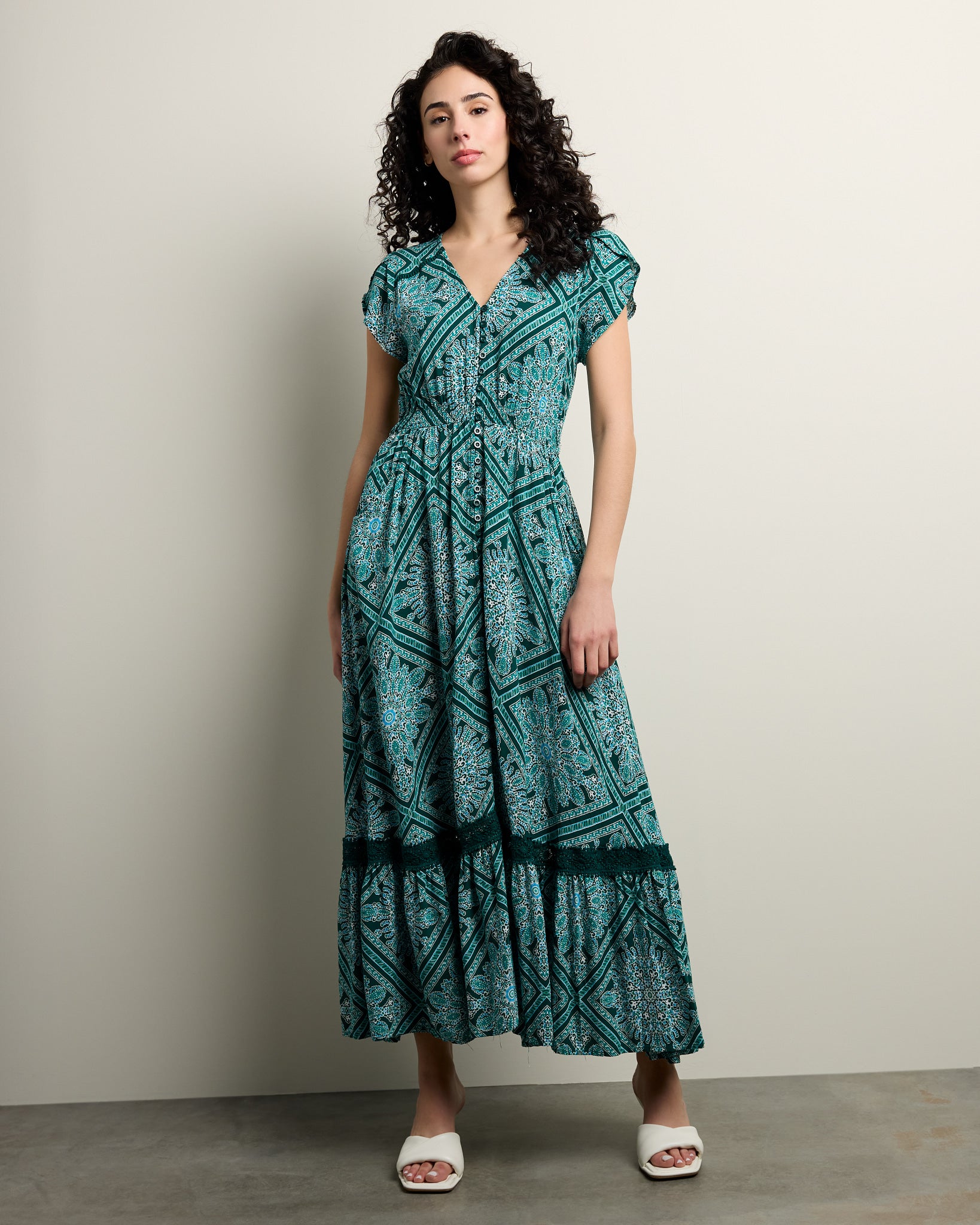 Green $|& Apricot Diamond Crochet Button Maxi Dress - UGC On Fig