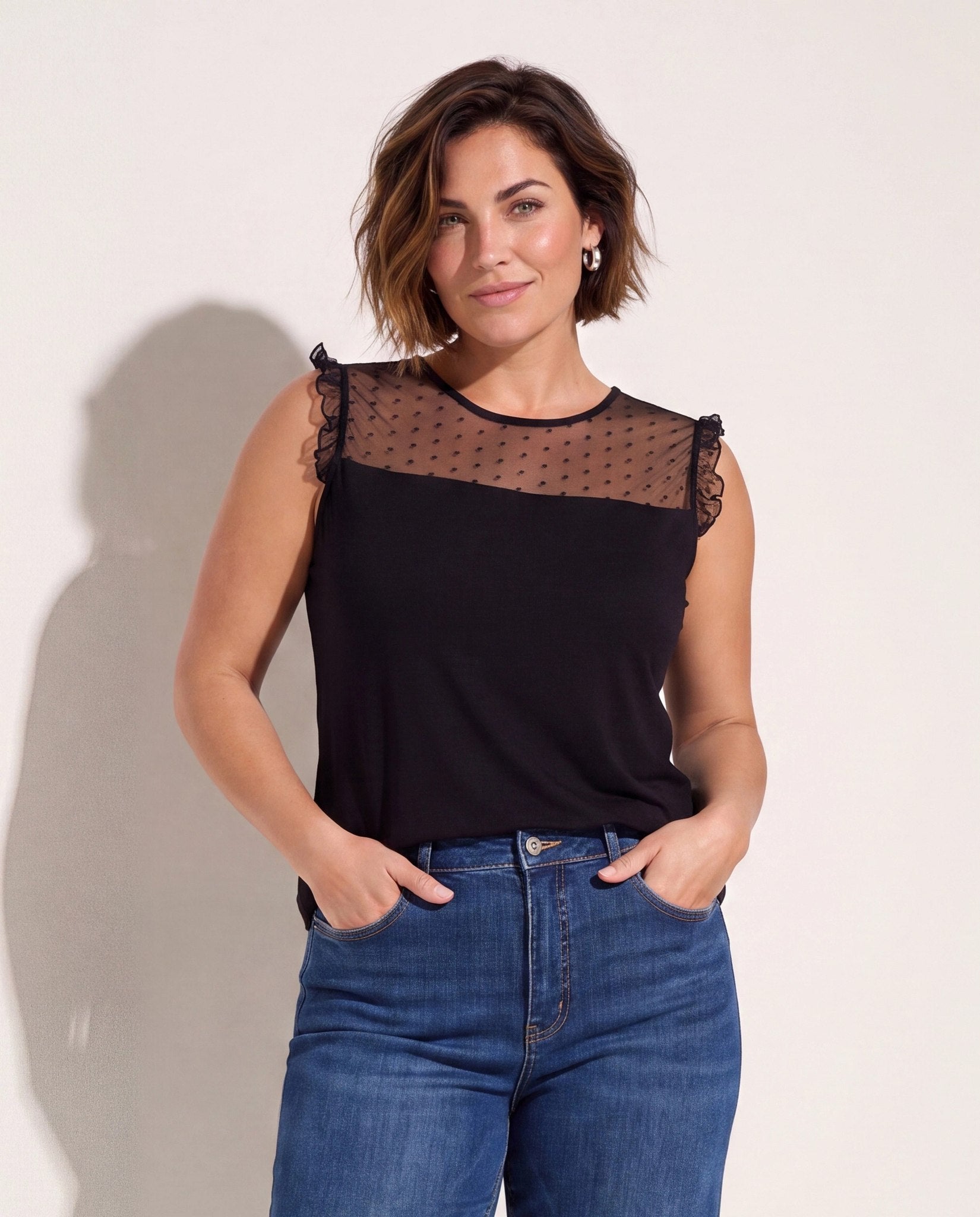 Black $|& Loveappella Mesh Dot Front Top - SOF Front