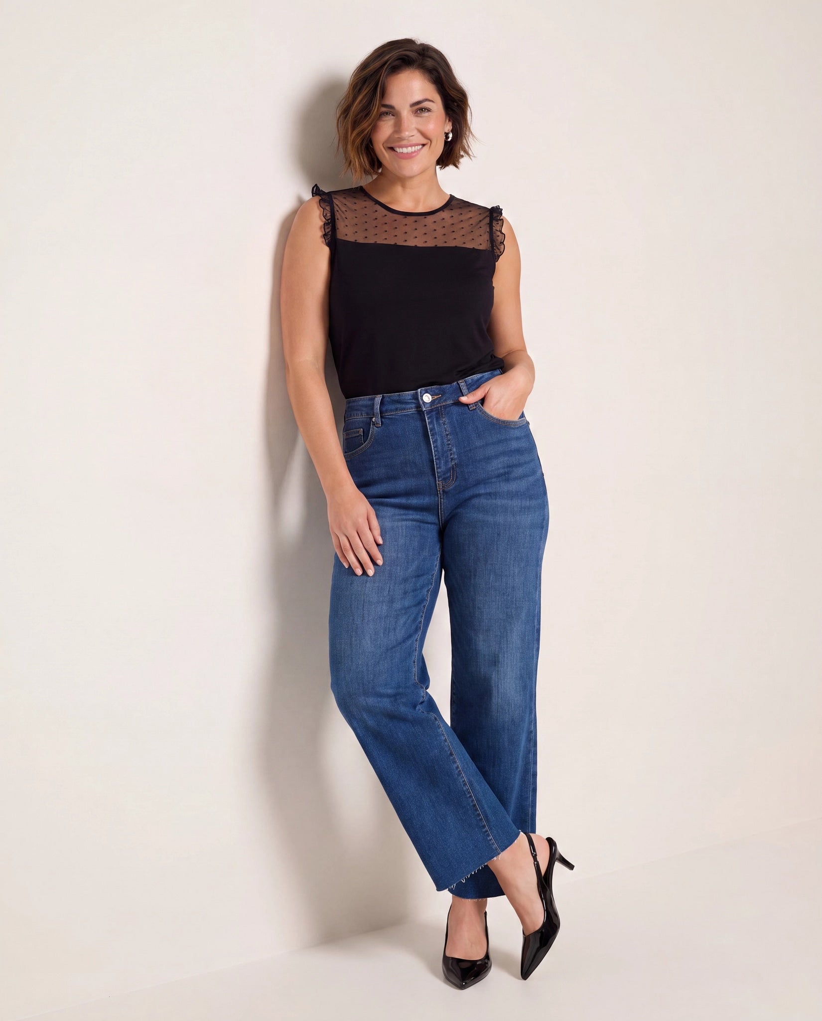 Black $|& Loveappella Mesh Dot Front Top - UGC On Fig