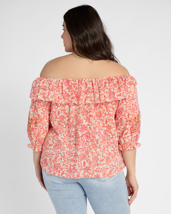 Nectarine Multi $|& Democracy Short Blouson Sleeve Border Printed Top - SOF Back