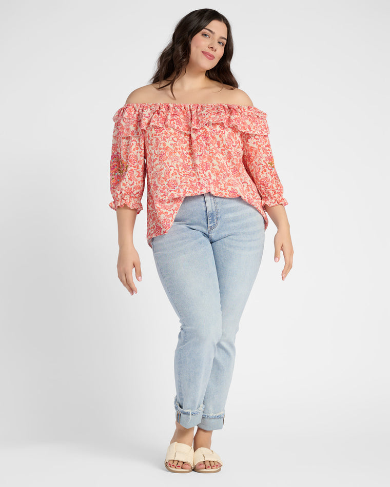 Nectarine Multi $|& Democracy Short Blouson Sleeve Border Printed Top - SOF Full Front