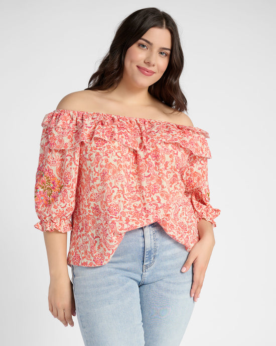 Nectarine Multi $|& Democracy Short Blouson Sleeve Border Printed Top - SOF Front