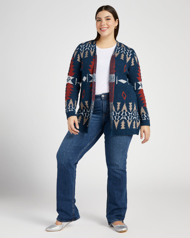 Navy/Red $|& Bobeau Printed Long Sleeve Cardigan - SOF Full Front