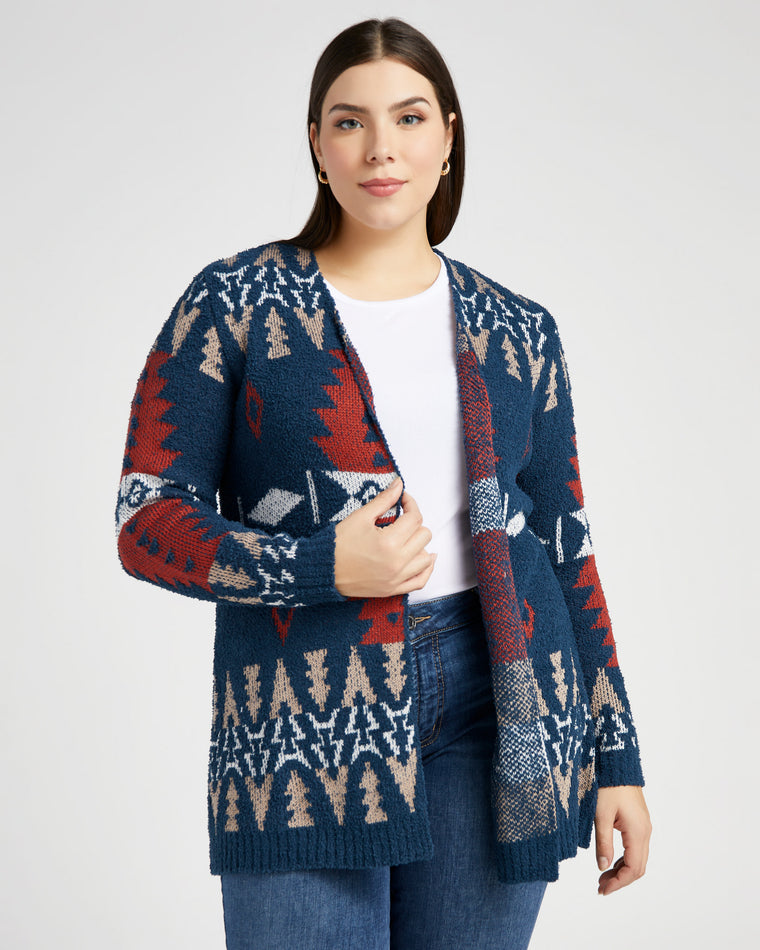 Navy/Red $|& Bobeau Printed Long Sleeve Cardigan - SOF Front