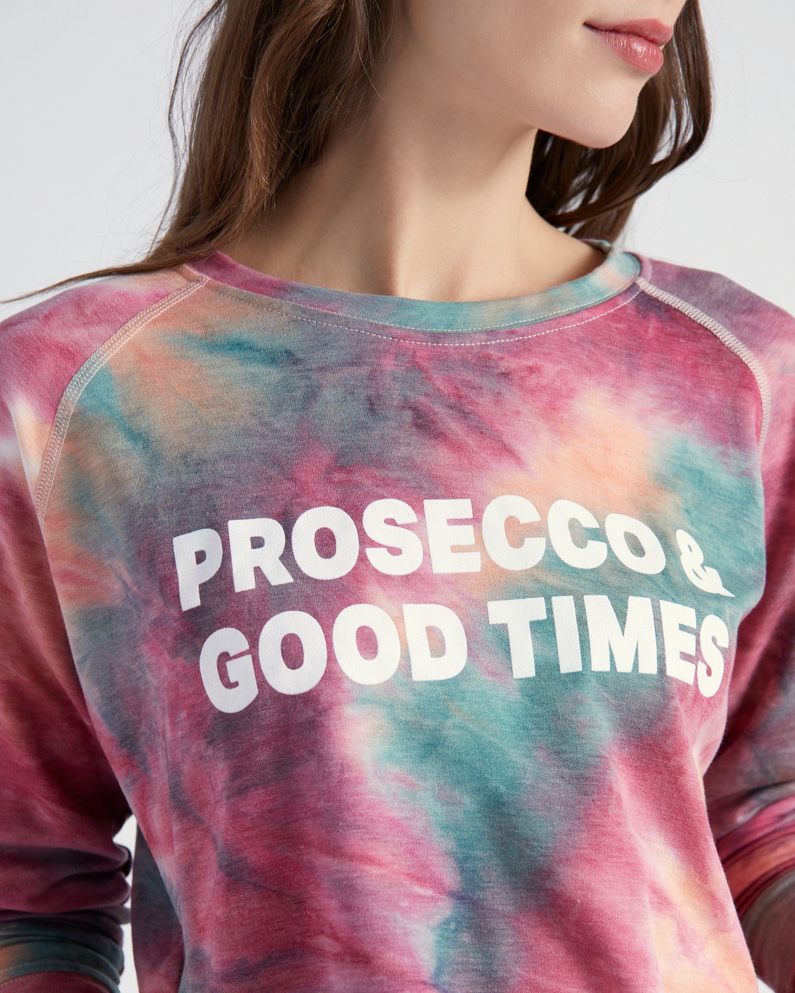 Aqua Tie Dye $|& SEAS Prosecco & Good Times Tie Dye Graphic Pullover - SOF Detail