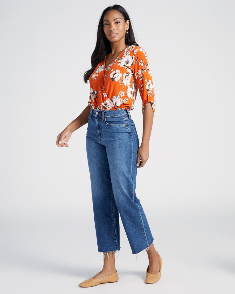 Orange White $|& West Kei/Beacon Apparel Floral Roll Tab Knit Blouse - SOF Full Front