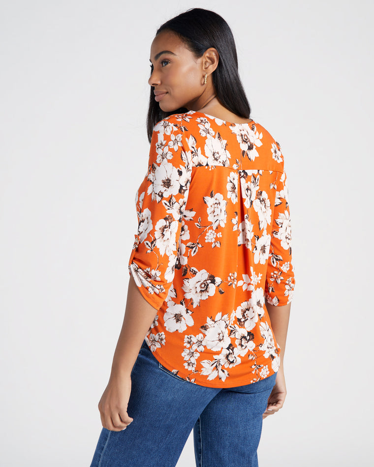 Orange White $|& West Kei/Beacon Apparel Floral Roll Tab Knit Blouse - SOF Back