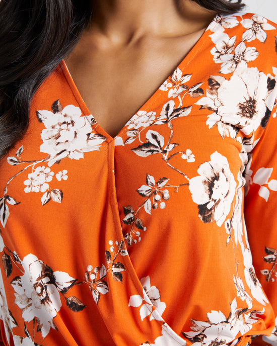 Orange White $|& West Kei/Beacon Apparel Floral Roll Tab Knit Blouse - SOF Detail