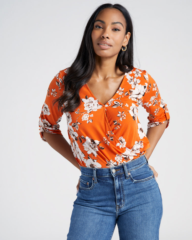 Orange White $|& West Kei/Beacon Apparel Floral Roll Tab Knit Blouse - SOF Front