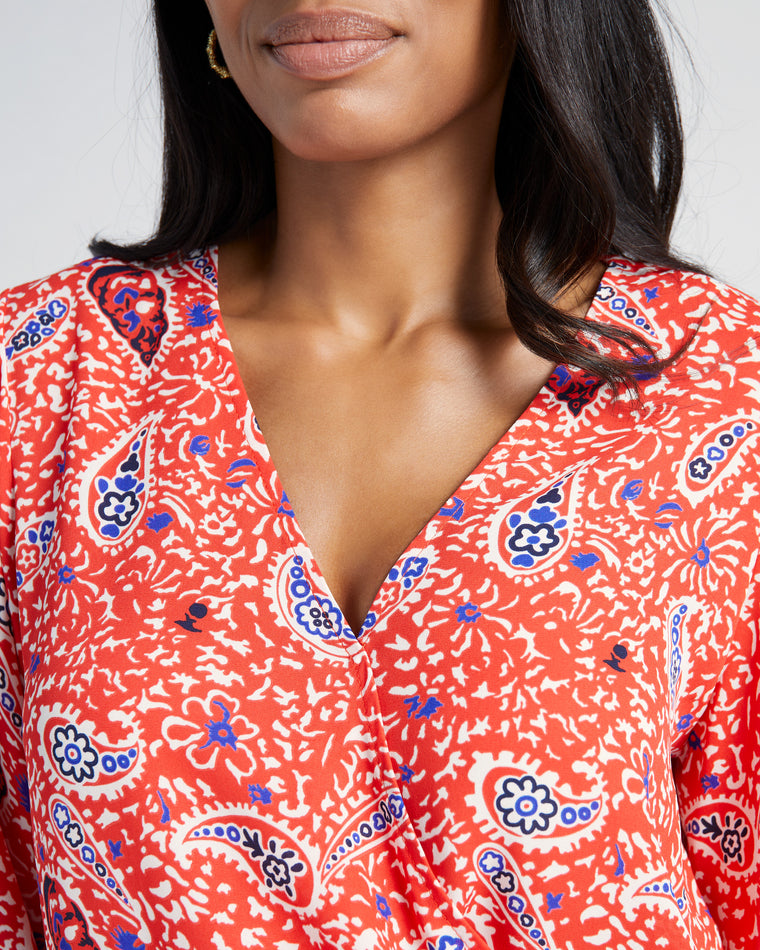 Red Paisley $|& West Kei Printed Woven Wrap Blouse withElastic Cuff - SOF Detail